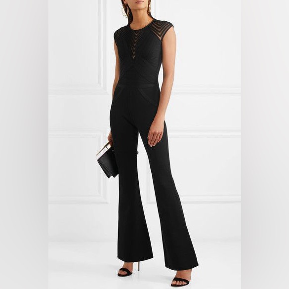 Herve Leger Black Marian Bandage Wide-Leg Flare Jumpsuit